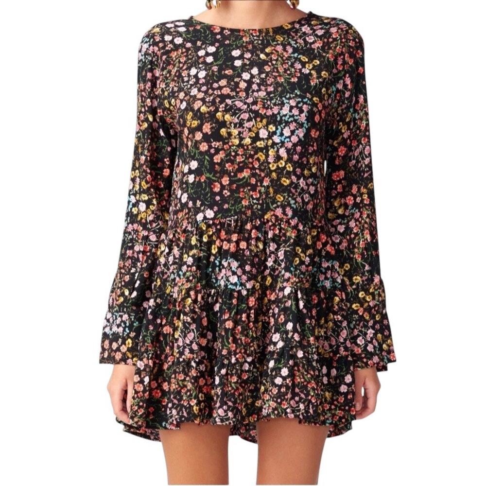 Zara Black Floral Print Tie Back Long Sleeve Oversized Romper Size Small